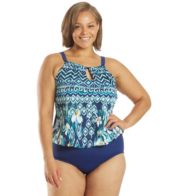 Maxine Plus Size Ikat Border High Neck Blouson One Piece Swimsuit Sale