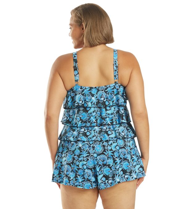 Fit4U Women s Plus Size Blue Bliss Tiered V Hem Swim Romper For Sale - Image 3
