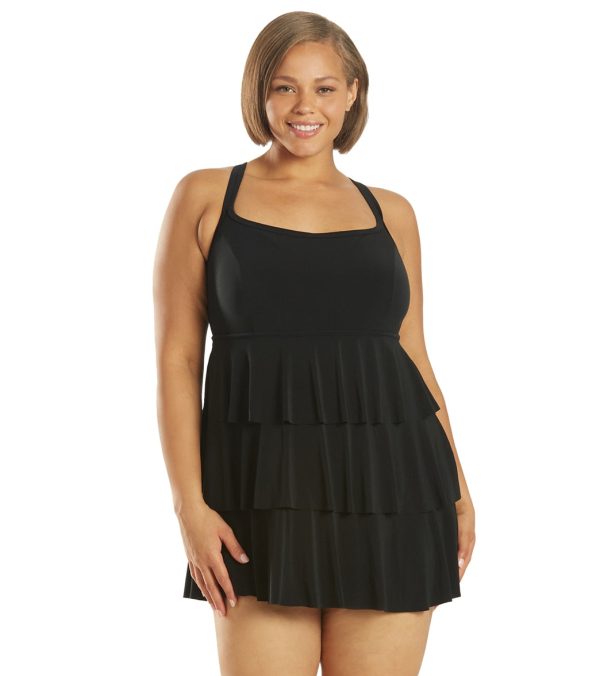 Longitude Plus Size Little Black Dress Triple Tier Swim Dress Hot on Sale